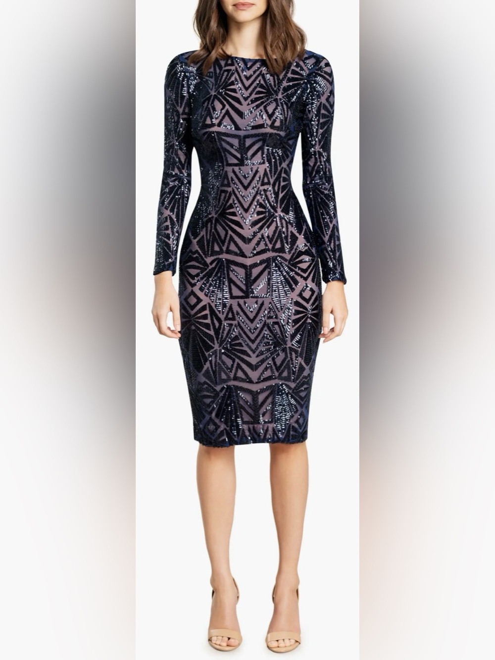 NEW Dress The Population Emery Long Sleeve Sequin navy Dress sz L